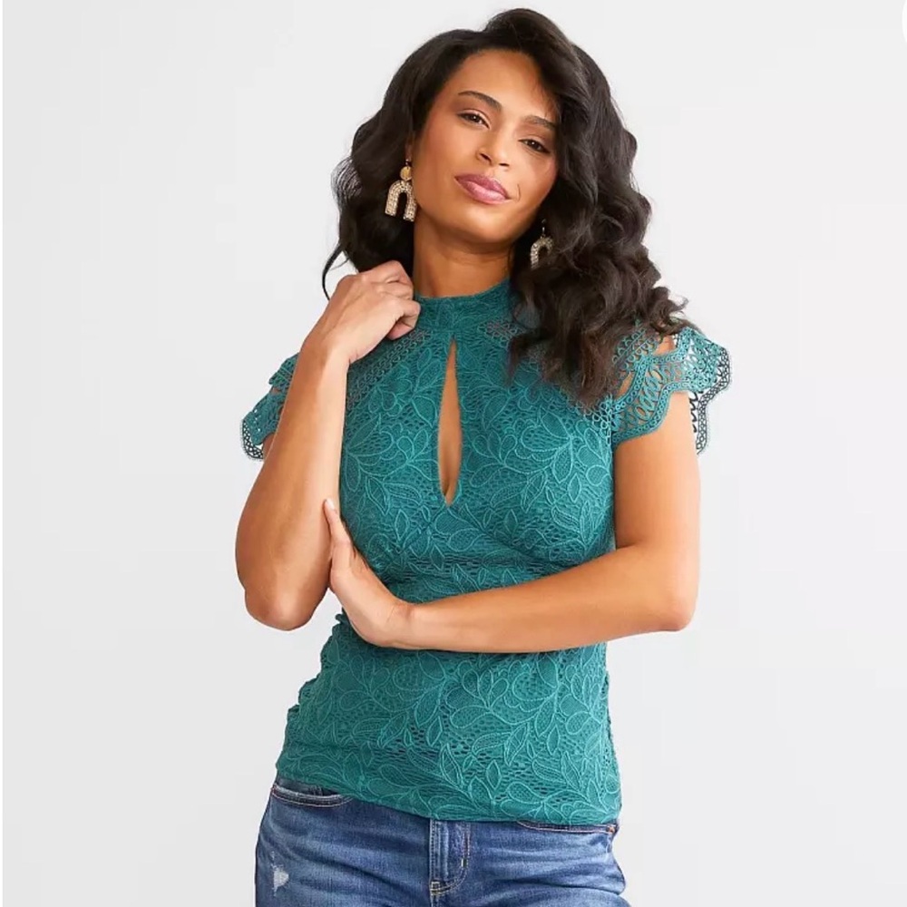 NWT Women's Daytrip Keyhole Lace Top Mock Neck Teal Size L